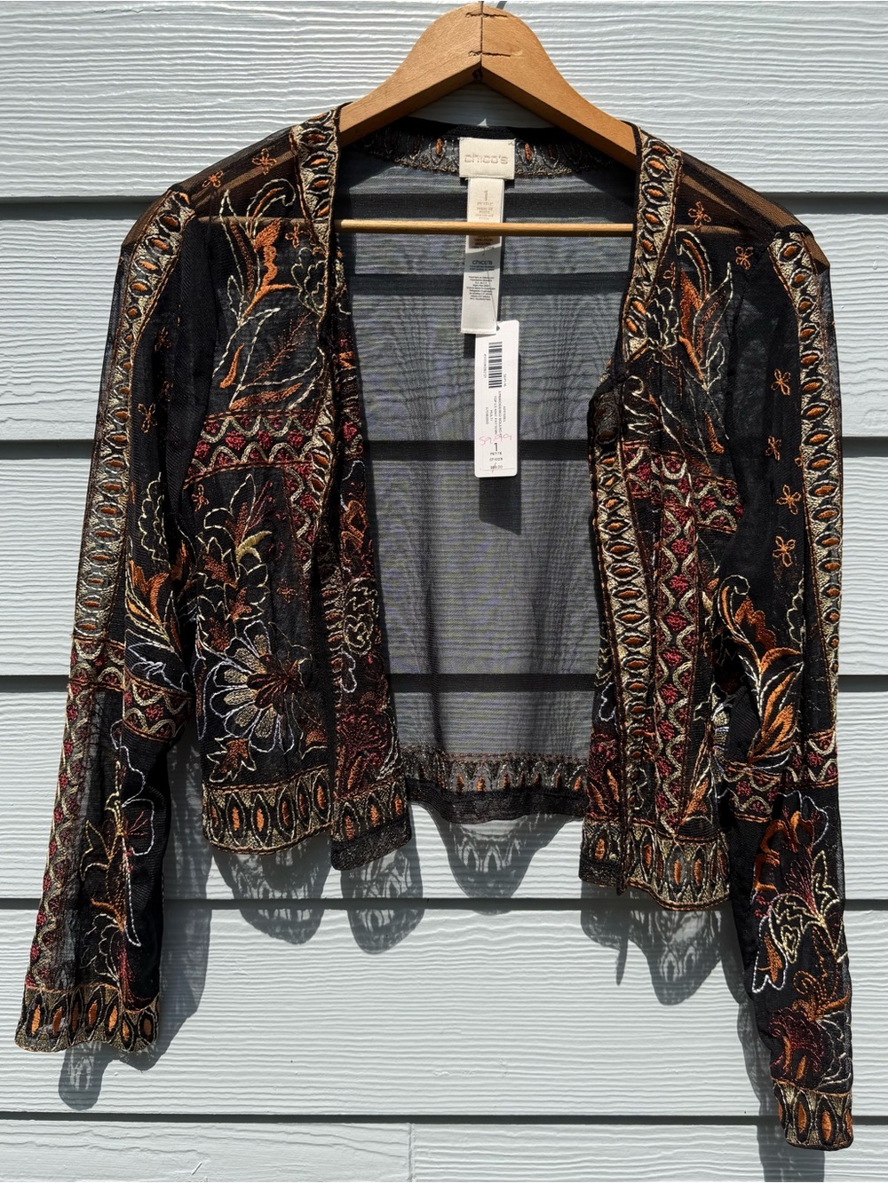 Chico’s Embroidered Mesh Long Sleeve Bolero Jacket!